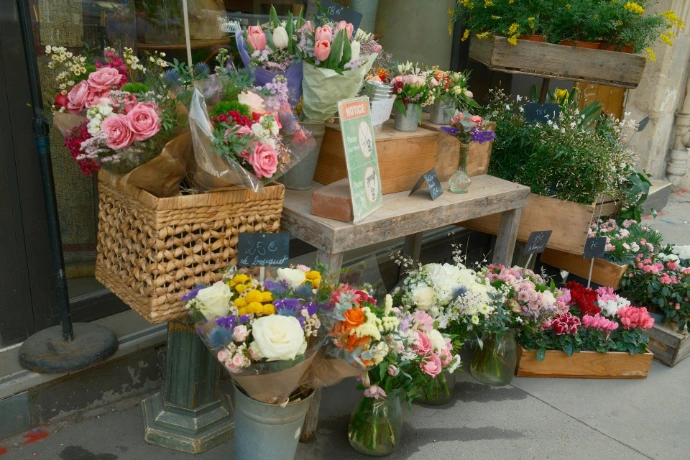 Assortment of colorful bouquets displayed outside a shop.